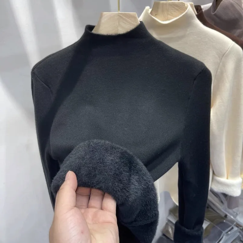 Winter Sweater Women Velvet Half Turtleneck Thermal Underwear Bottoming Shirt Warm Thickened Elastic Inner Knitted Sweater