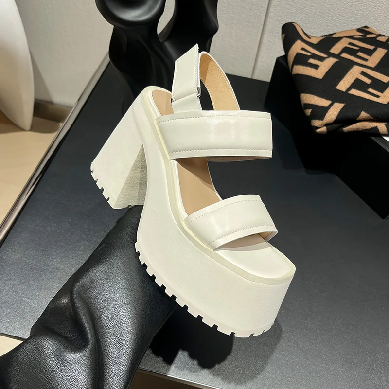 Krazing Pot 2024 Cow Leather Peep Toe Chunky High Heels Slingback Summer Shoes Platform Office Lady Casual Comfort Women Sandals