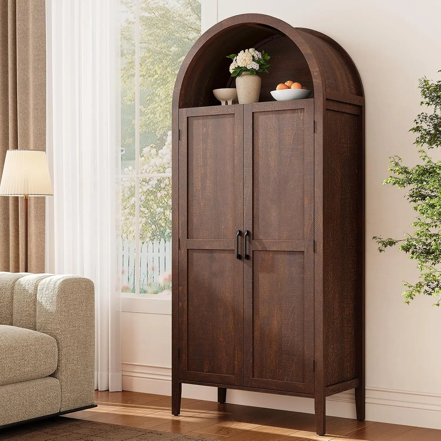 71 Inch Brown Arched Kitchen Pantry Cabinet with 2 Pull Out Shelves, 6 Door Shelves, Freestanding Storage Cupboard