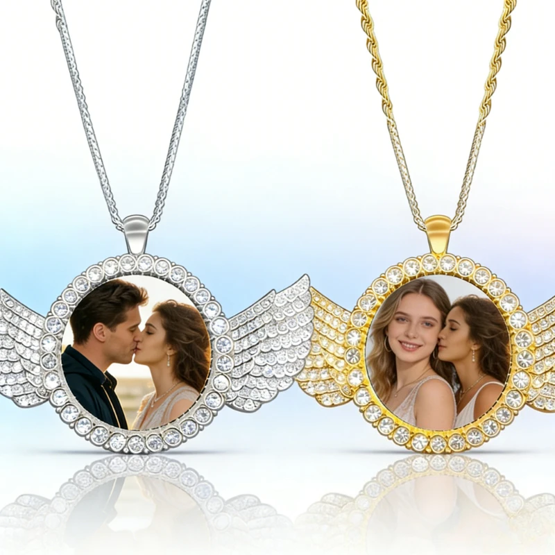 Custom Angel Wing Round Photo Necklace, Personalized Picture Pendant for Jewelry Ideal for Anniversary Birthday Gift for Him Her