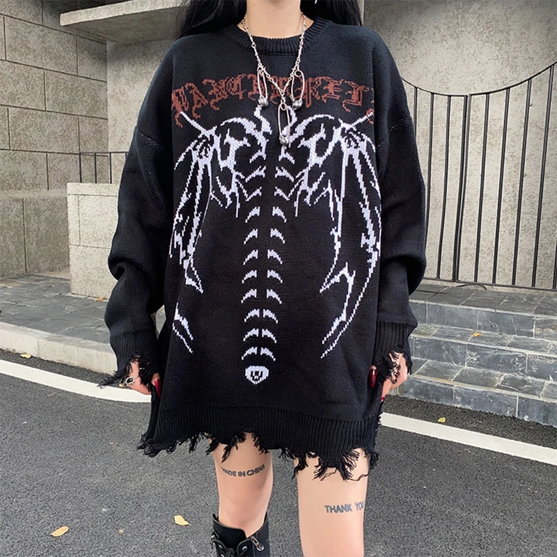 Y2K Skeleton Cashmere Sweater Women Korean Style Loose Warm Knitted Pullover 2024 Winter Outwear Female Jumpers Streetwear Retro