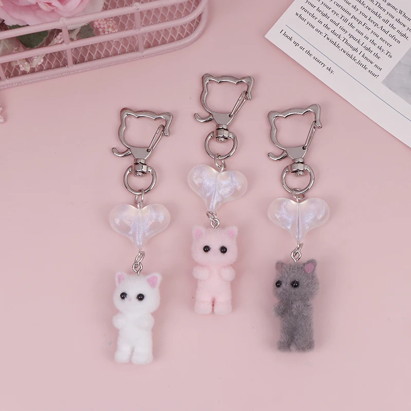 3D Cartoon Flocking Cat Keychain Cute Flocked Little Cat Animals Keyring Bag Pendant Backpack Charms Car Decor Accessories