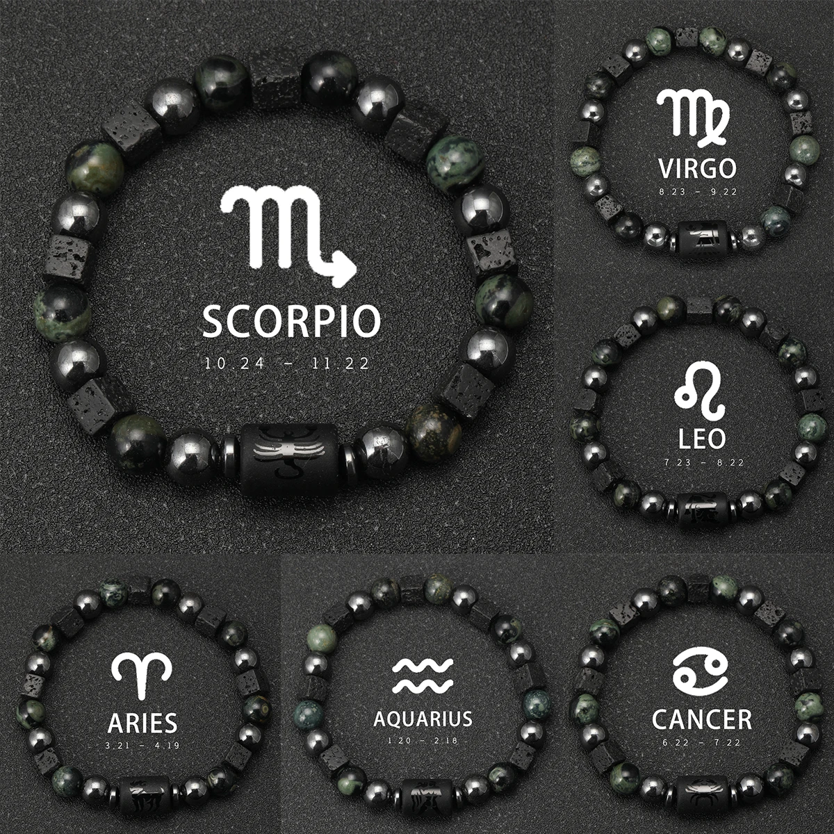 12 Zodiac Constellation Signs Bracelets for Men Women Real Natural Kambaba Jasper Stone Bead Bracelet Leo Taurus Charm