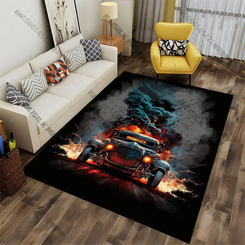 Fiery chaos vintage car explosion carpet Yoga living room room decor children's crawling mat doormat area rug games mat
