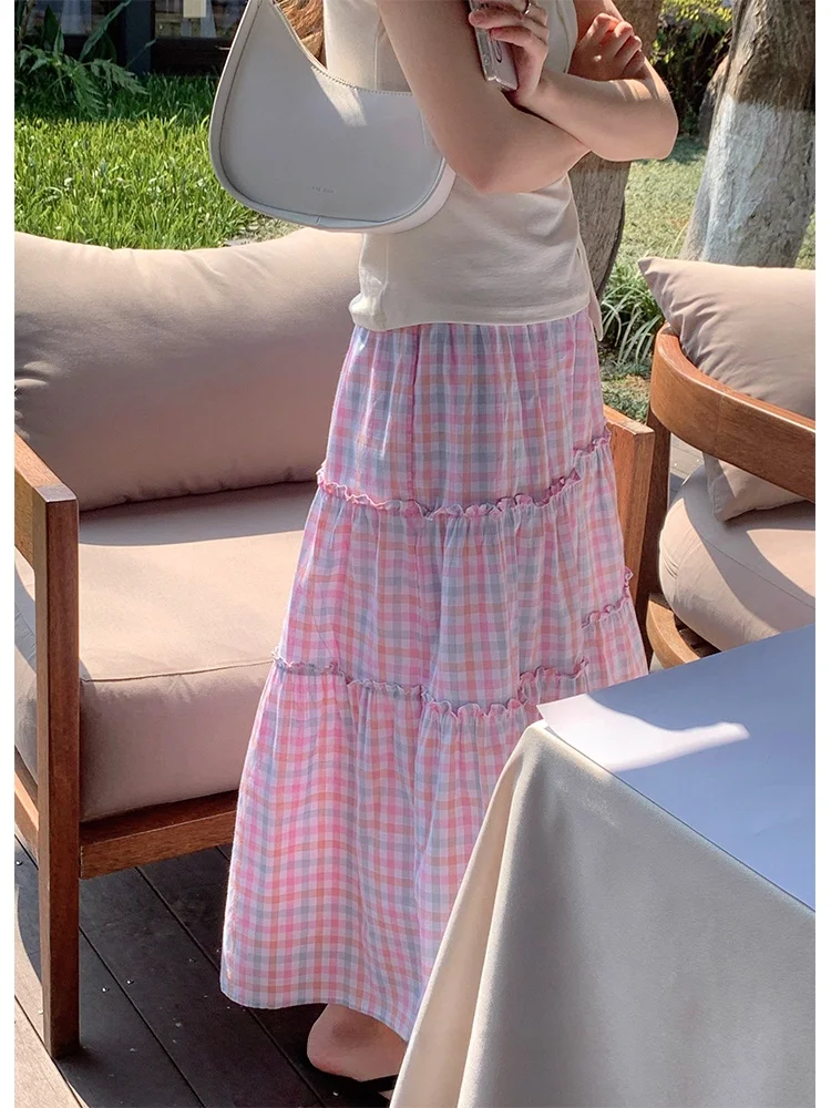 

Милая клетчатая юбка трапециевидной формы с высокой талией, свободная женская летняя новая длинная юбка Princ Sle, повседневная одежда, другой материал
