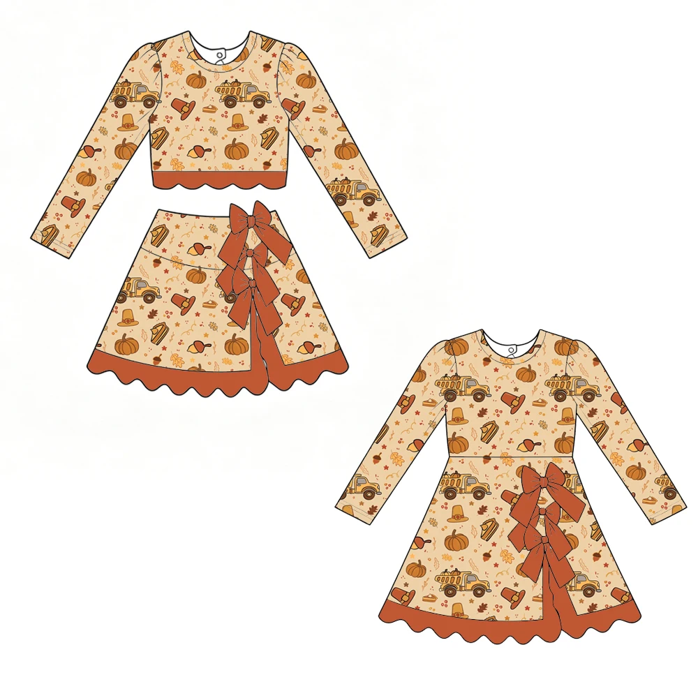 Boutique kid's Girls' set and dress Round neck Long-sleeved top paired short skirt Bow decoration Thanksgiving Pumpkin prints