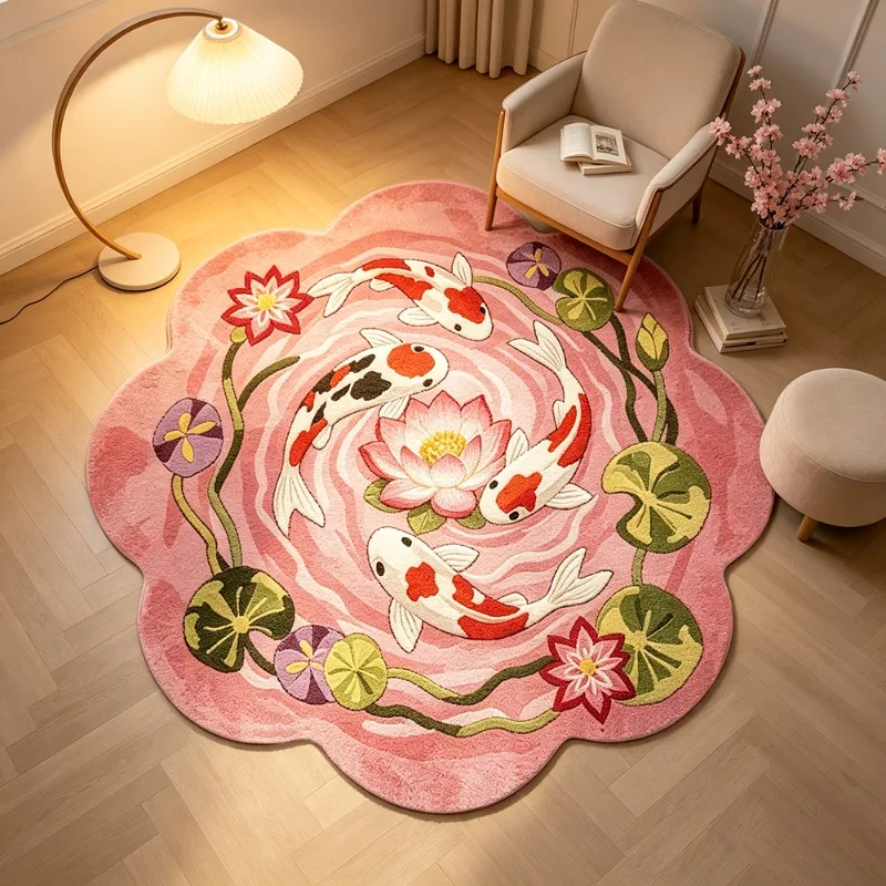 Fashion Fresh Koi Fish Lotus Flower Irregular Rug Cute Pink Decorative Carpet for Bedroom Soft Fluffy Floor Mat for Living Room