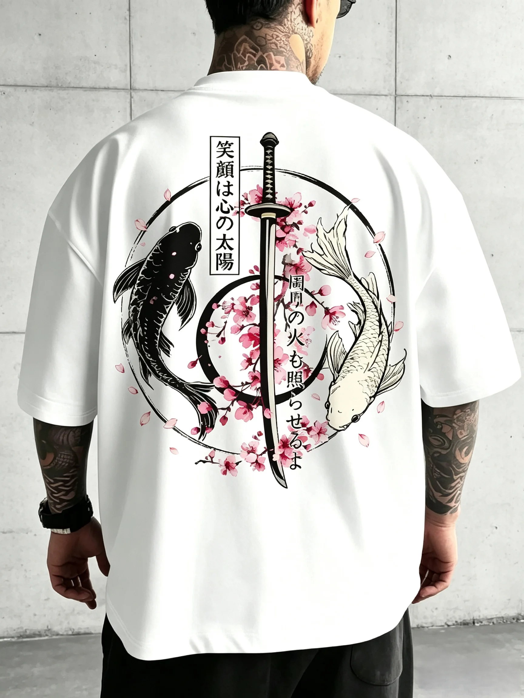 Unisex Japanese Yin Yang Koi Fish T Shirt Men Women Cherry Blossom Samurai Katana Graphic Back Print T-shirt Harajuku Streetwear Loose Short Sleeve Tops