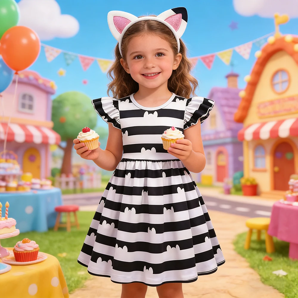 Girls Cartoon Cosplay Costumes with Headband Children's Clothing Cat Striped Girl Princess Dress Kids Birthday Dress