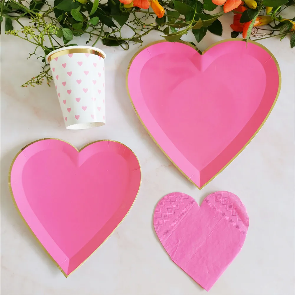 40pcs Rose Heart Shape Disposable Tableware Rose Heart Plate Cup Napkin For Wedding Valentine\'s Day Party Decoration Supplies