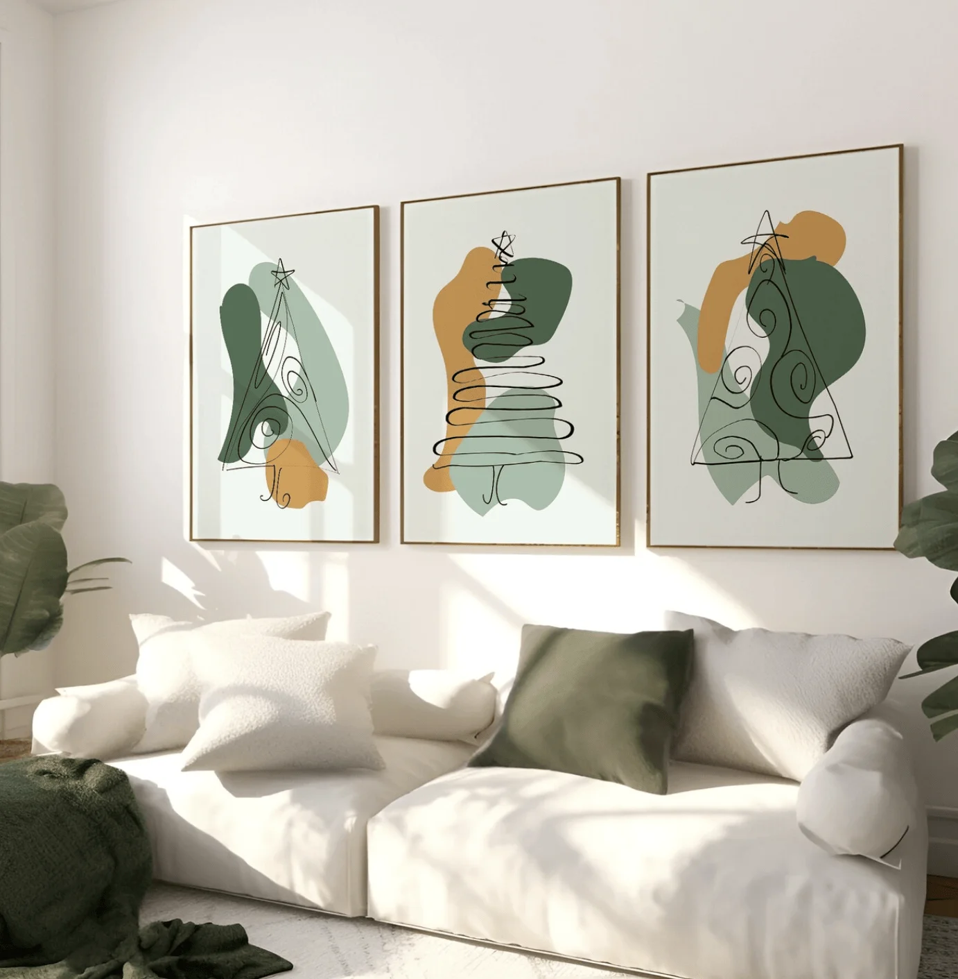 3Pcs Abstract Line Christmas Tree Canvas Prints, Neutral Green Blob Posters, Minimalist Boho Art for Living Room Bedroom Decor