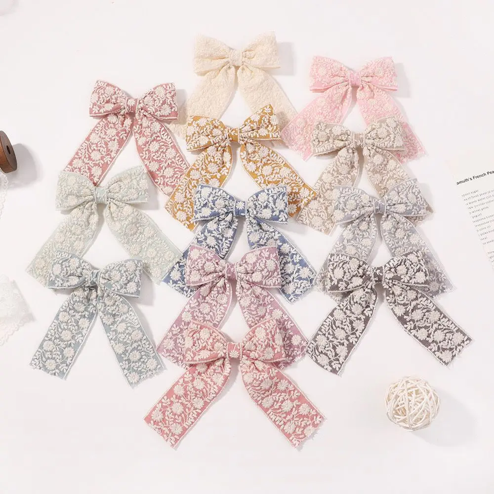 60pc/lot New Cotton Embroidered Bowknot Baby Hair Clips Long Tails Bow Hair Pins Kids Long Tails Bows Barrettes Girls Headwear