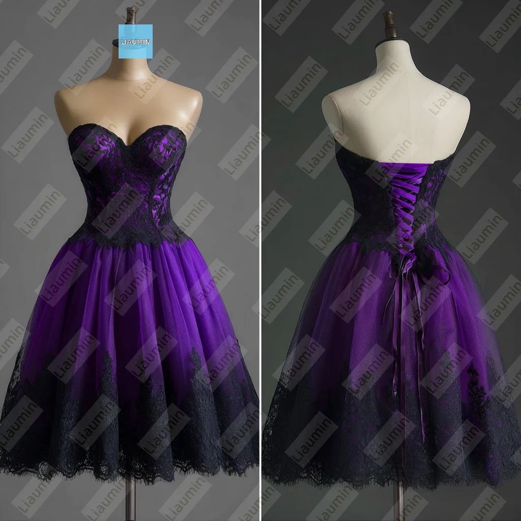 

Purple Tulle Strapless Black Lace Applique Knee Length Evening Prom Wedding Formal Dress Lace-up Back Customized Made A7-1.76