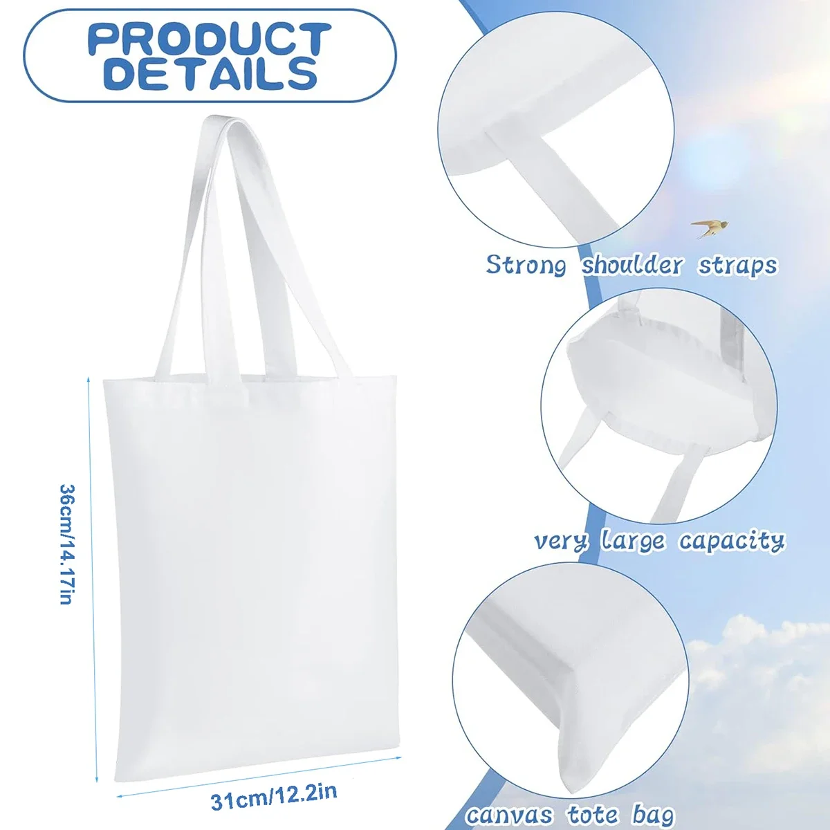 6pcs White Canvas Tote Bags, Sublimaiton Hand Bag Storage Bag for Sublimation Printing and DIY Craft Projects