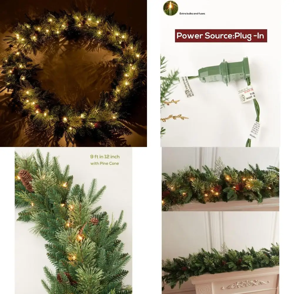 

9-футовая рождественская гирлянда с предварительной подсветкой и 50 лампами, подходит для использования в помещении и на открытом воздухе, акценты из сосновой шишки, полиэтиленовый цвет