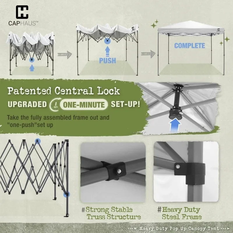 CAPHAUS 12ft x 12ft Patented One-Push Pop Up Outdoor Canopy Tent, Heavy-Duty Commercial Grade w/Central Lock, Portable