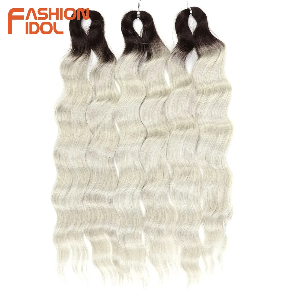 Extensiones de cabello trenzado de onda profunda sintética FASHION IDOL Lena, cabello trenzado de ganchillo con ondas de agua de 24 pulgadas, cabello falso Rubio degradado