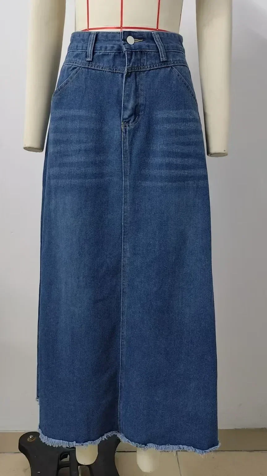 Denim Long Skirt Women Summer Basics Skirts Streetwear High Waist Washed Distressed Pockets Button 2025 Female Vintage A Line