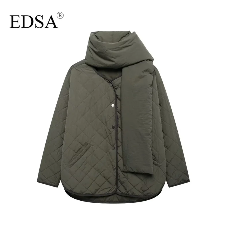 EDSA Women Padded Coat with Scarf Outerwears Retro Snow Parka Elegant Luxury Coat Warm Female Winter Outerwear