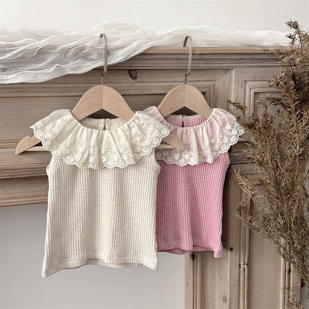 2026 Summer New Baby Girl Sleeveless T Shirts Cute Girls Sweet Lace Collar Tops Cotton Infant Ribbed Vest Solid Toddler Clothes