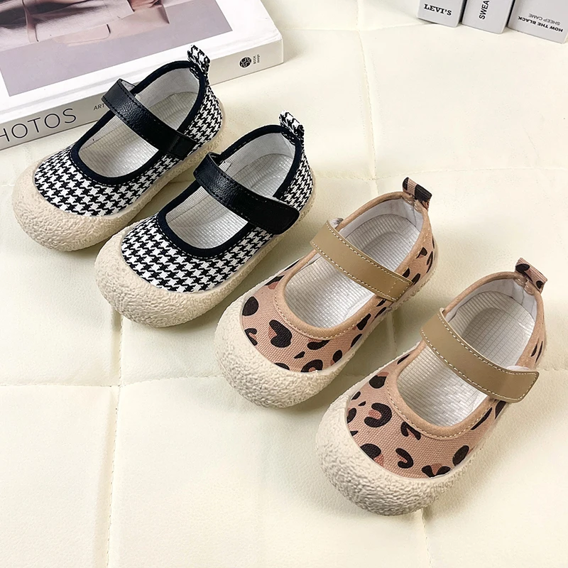 Children Casual Shoes for Boys Leopard Pattern Thousand Bird Check Print Girls Shoes Kids Fashion Flats Round-toe 2023 Japanese