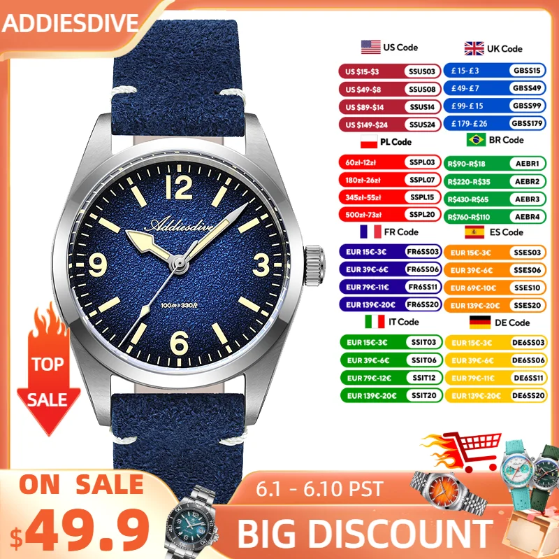 

ADDIESDIVE New Quartz Watch 36mm Luxury Sapphire Super 2035 Movement Wristwatch For Men BWG9 Luminous 100m Waterproof Watches