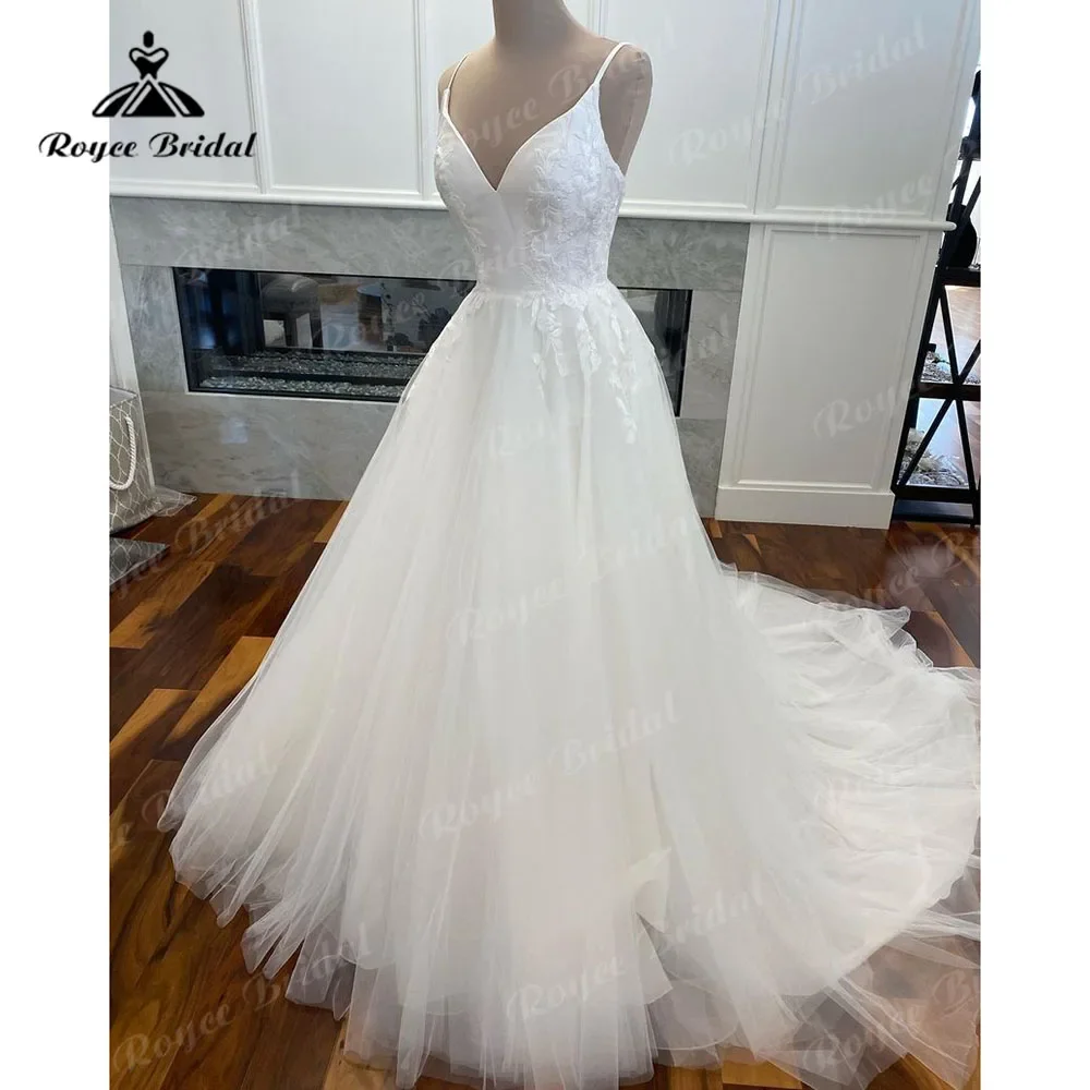 V pescoço cintas de espaguete rendas apliques uma linha vestido de casamento cetim tule 2025 robe mariee boheme chique vestido de noiva nupcial elegante