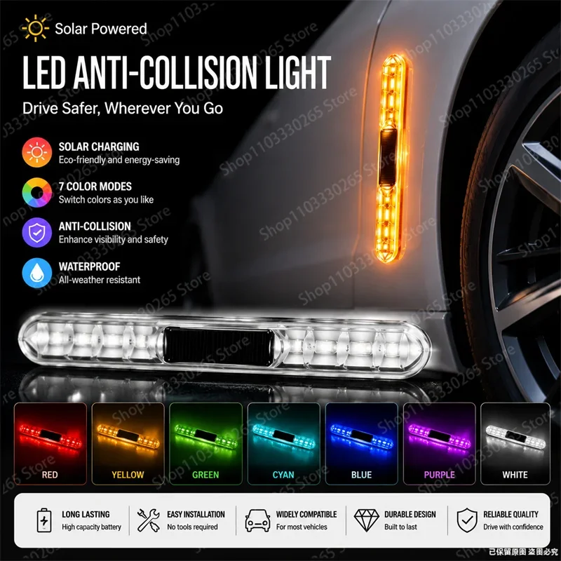 Waterproof Solar LED Car Warning Light Flashing Anti-Collision Marker Lamp Universal Auto Safety Accessory