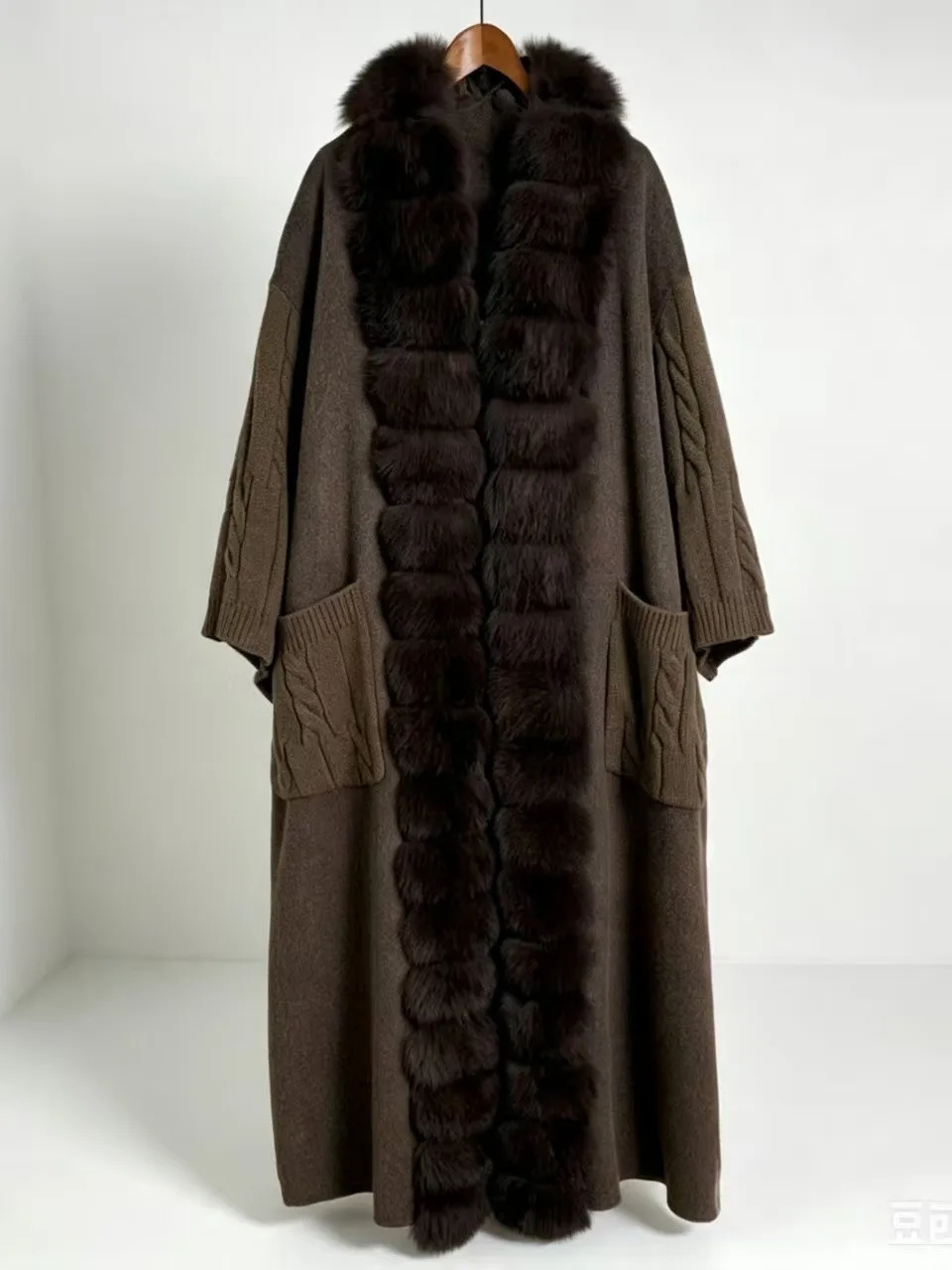 New Luxury Winter Real Natural Fox Fur Collar Woolen Blends Knit Long Overcoats Women Loose Warmth Cashmere Fur Jacket