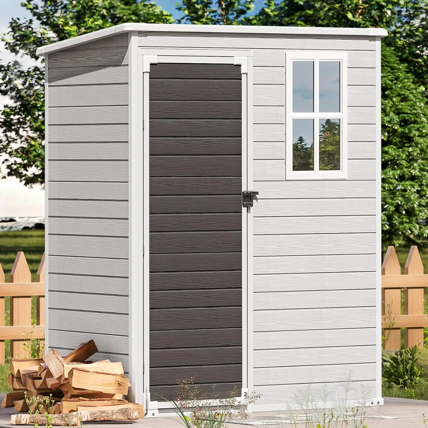 Storage Shed 4X6 Ft,Resin Outdoor Storage Shed With Floor & Lockable Doors, All Weather Plastic Lean To Shed With Window And