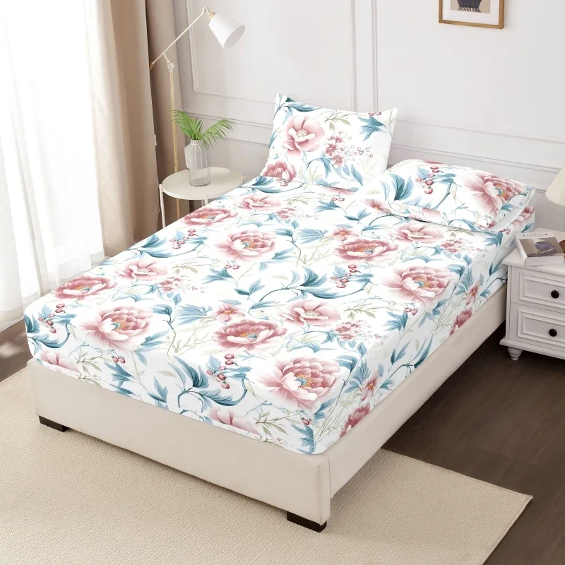 Polyester 3pcs Printed Sanding Fitted Sheet and pillowcases Set Elastic Band Around Mattress Cover King Size Bed Cover