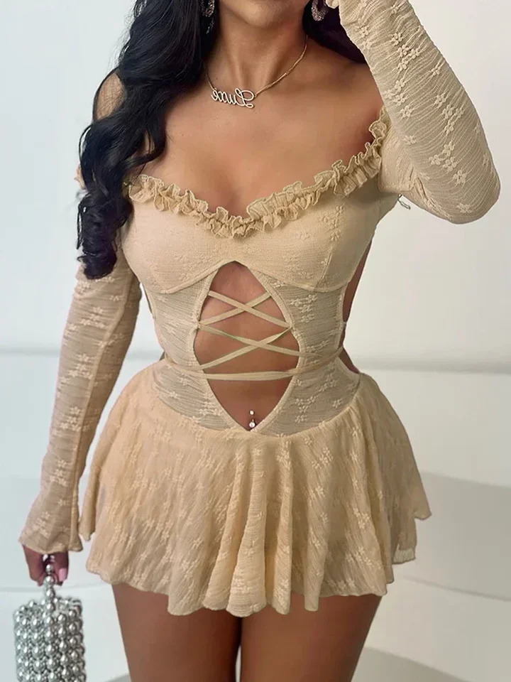 

Hollow Lace Backless Dress Slash Neck Sexy Summer Trend Women Thin Bandage Birthday Party Stretch Jacquard Bodycon