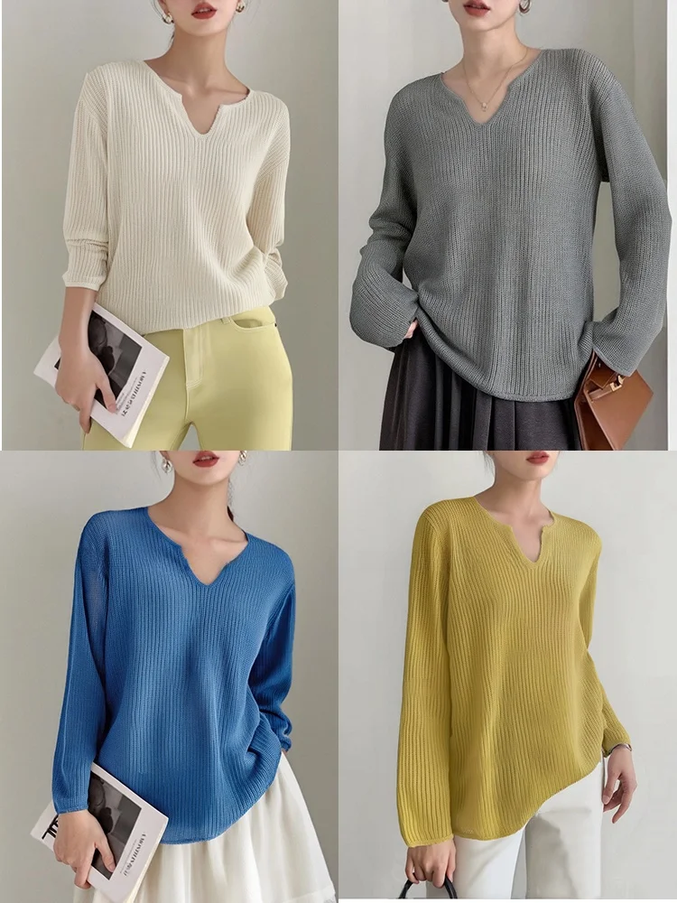 

Korean Faion Long Sve Hollow out Sun Protection Knitted irt Women's Thin Agel Top Frans Commute Sle Loose Fit Woo...