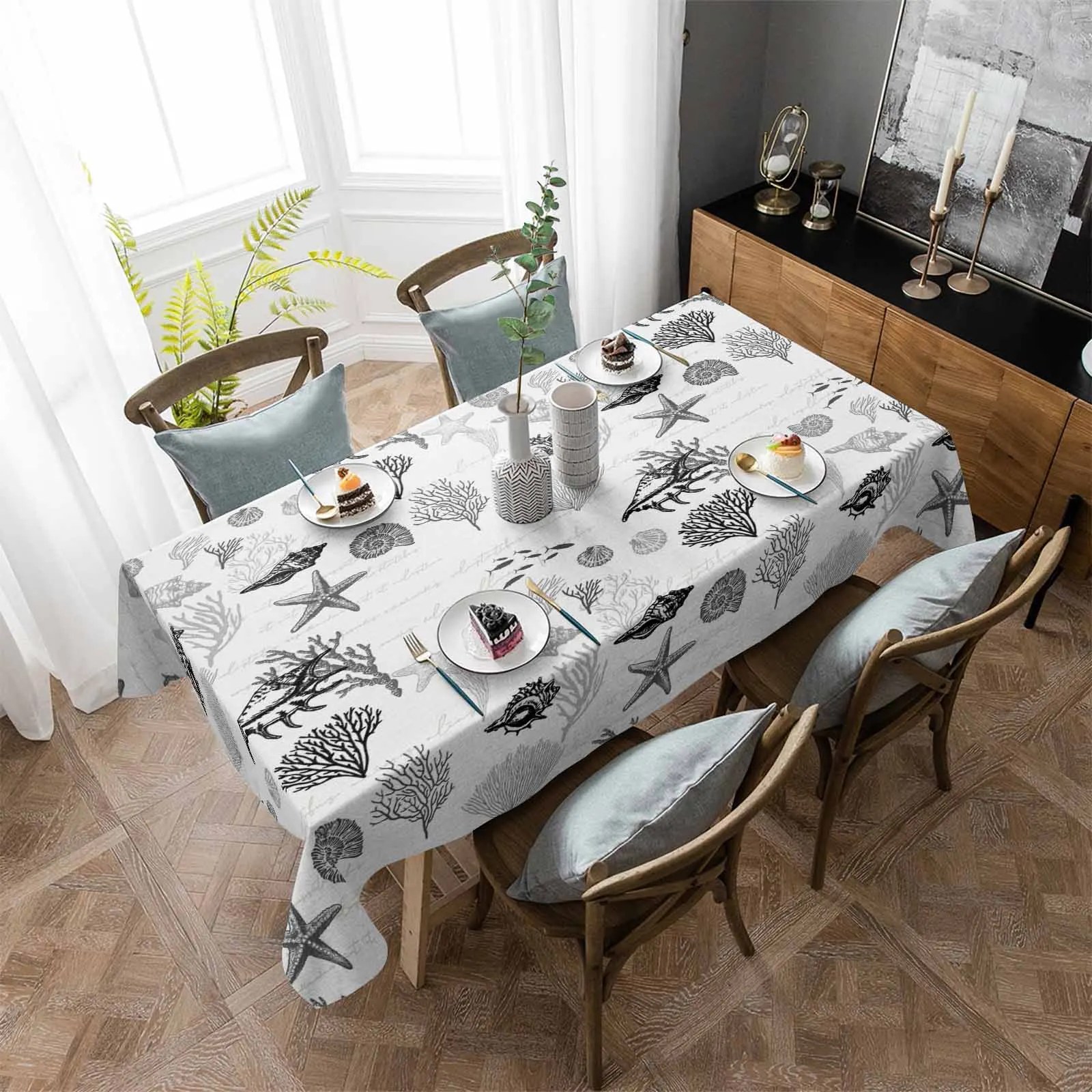 

Starfish Shell Coral Vintage Black Grey Table Cloth Washable Tablecloth for Wedding Dining Banquet Decor Luxuriou Table Cover