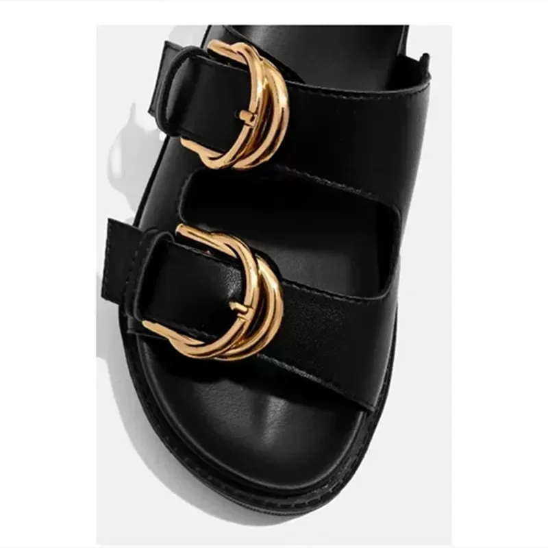 2024 Summer Retro Fashion Design Slide Slippers Women Black Soft Leather PU Metal Buckle Flat Sandals Light Non-Slip Beach Shoes