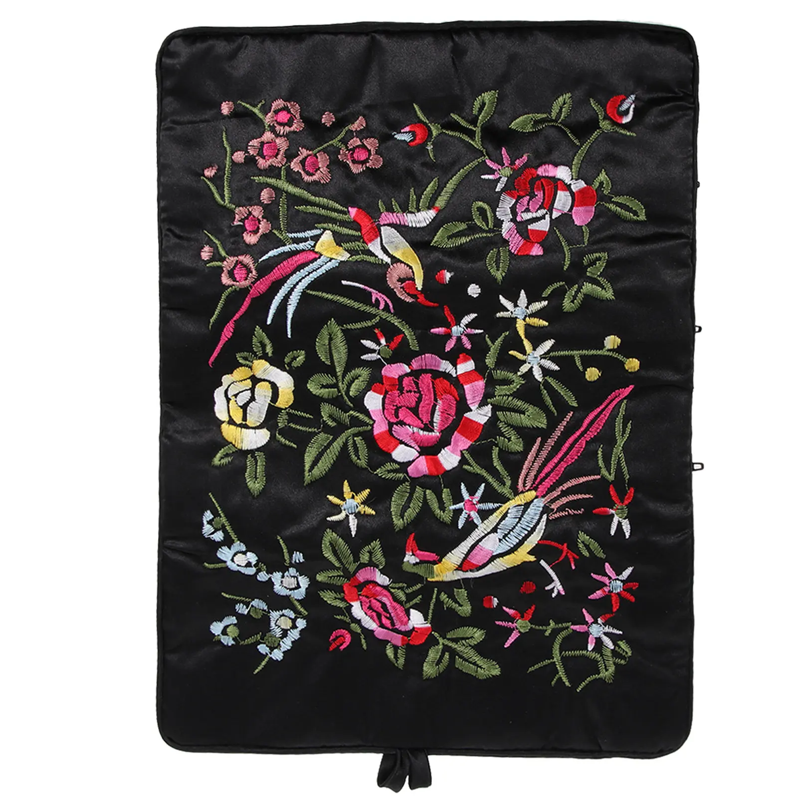 

Jewelry Roll Bag Elegant Handmade Chinese Embroidered Flowers Large Pocket 3 Small Zippered Pouches Multifunctional Jewelry