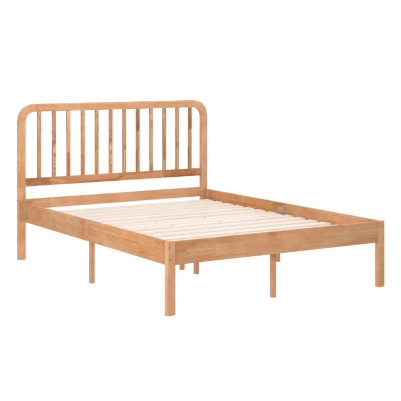 Kids Full-Size Platform Bed with Rectangular Wood Slat Headboard, Natural， bedframe ， bedroom furniture