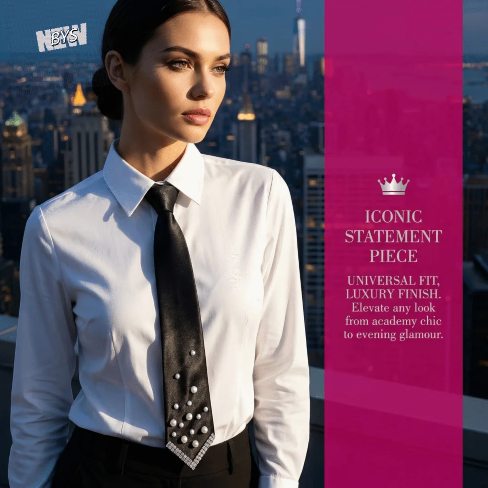 

Temperament Rhinestone Pearls Tie Black Academic Style Hand-beaded Long Necktie Geometric Collares Decoration Shirt Tie Students