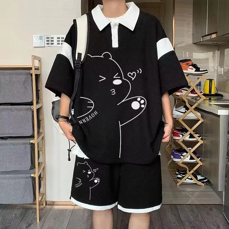 Tuta da uomo estiva Japan Cartoon Streetwear Cool Bear Printed Waffle Shirts Shorts 2 pezzi Set Hip Hop Casual Short Suit 2024