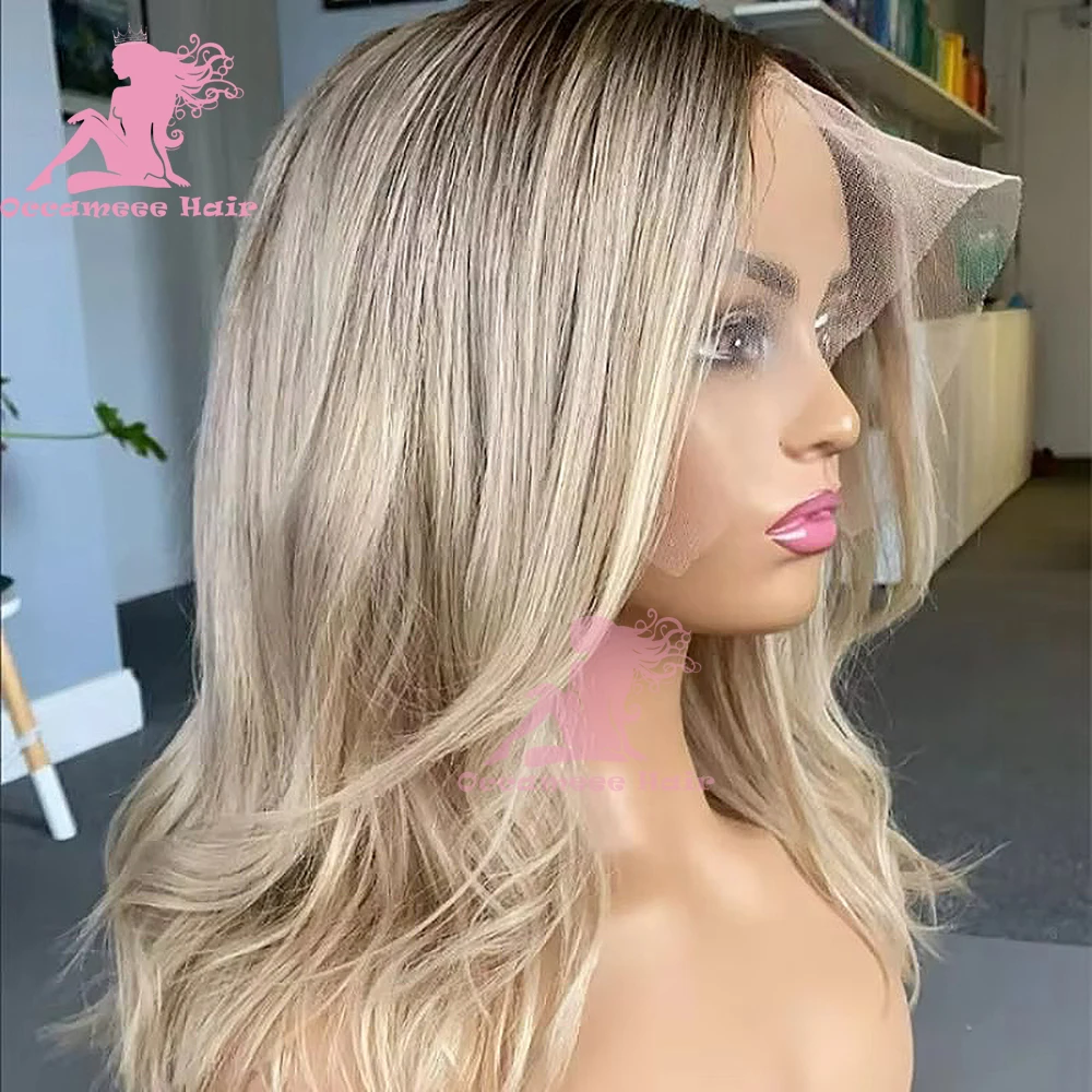 Wigs Human hair Highlight Brown Ombre Ash Platinum Blonde Human Hair Wigs Natural Wave Transparent Lace Frontal Wigs Dark Roots