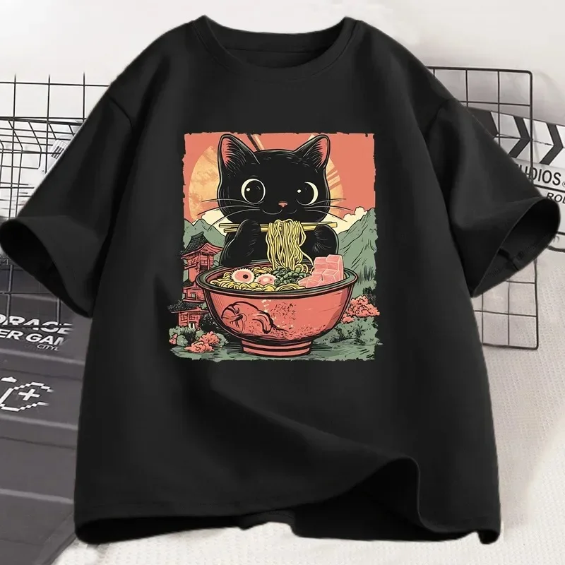 Cute Black Cat Eating Ramen Print T-shirt Women's Harajuku Short Sleeve Casual Women's T-shirt Clothing Tops Aesthetic Clothes