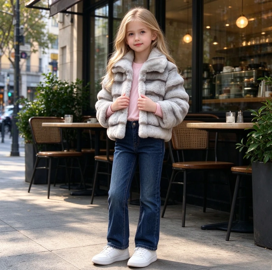 Faux Fur Coats Children Girl Fur Jackets  2026 Autumn Winter Turn Down Collar Long Sleeve Single Breasted Thick Furry Jacket