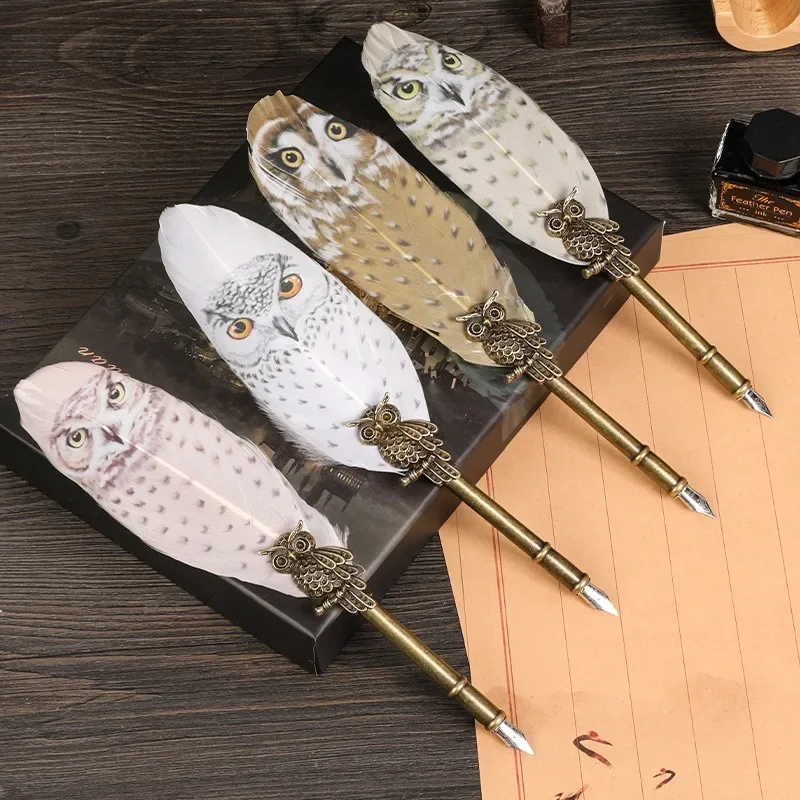 

Feather Pen Set Owl Set Box Dipping Pen Dipped in Water Retro Creative Gift Box Write Letter Dipping Pen Gift