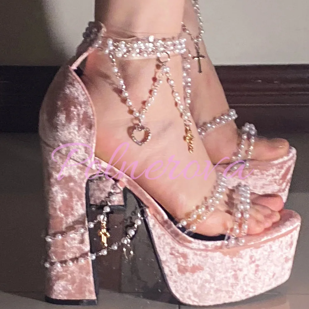 

Velvet Pearls Chains Sandals Women Open Toe Platform Chunky High Heels Pink Blue Peep Toe Party Wedding Shoes Sandalias De Mujer