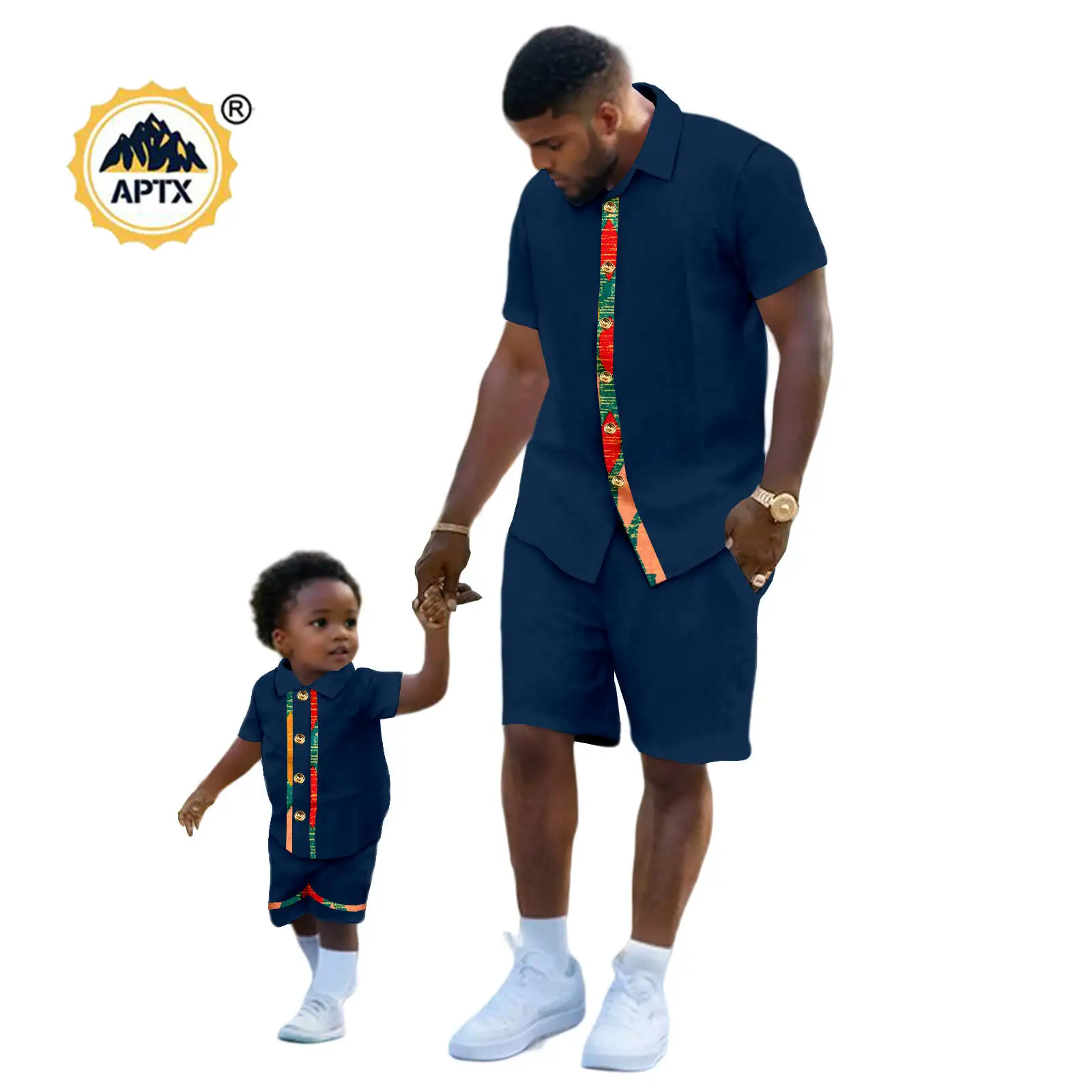 African Men Clothes Dashiki Family Outfits Father and Son 2 Pieces Short Sleeve Top Shirt and Pant Sets Children Suits 25F015
