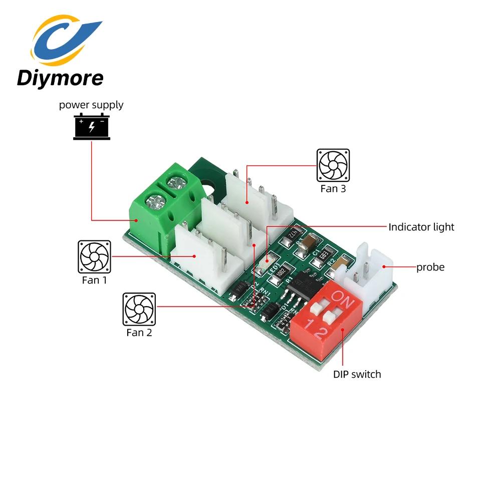 3 Way 4Pin PWM Fan Thermostat Speed Controller DC12V 24V Temperature Control DIP Switch For PC Industrial Cabinet Cooling Fan