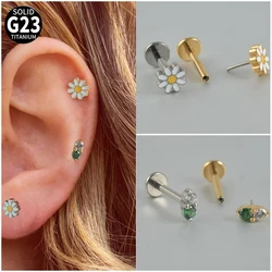 Dreamlee PC G23 tytanowy kwiat bezgwintowy Labret wargi kolczyki zielona cyrkonia chrząstka ucha Tragus Helix kolczyk płatek Piercing żyd