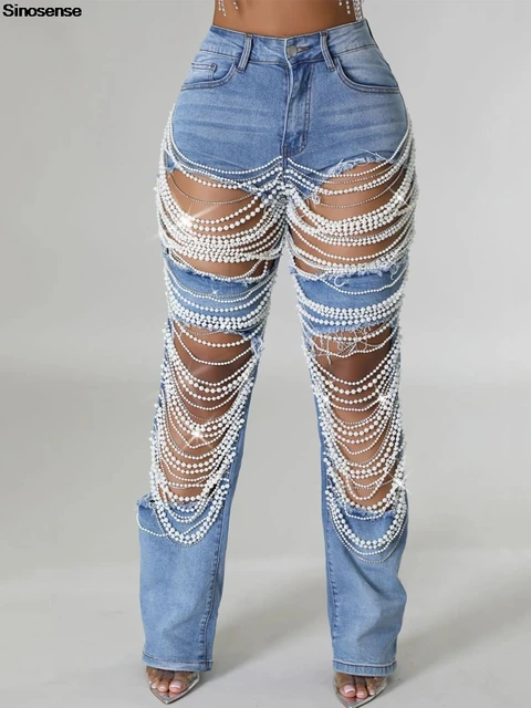 Damskie spodnie jeansowe z zniszczonymi dziurami i perłowymi kryształkami w trudnej sytuacji Slim Fit obcisłe dżinsy Y2K Night Club Party Jeans