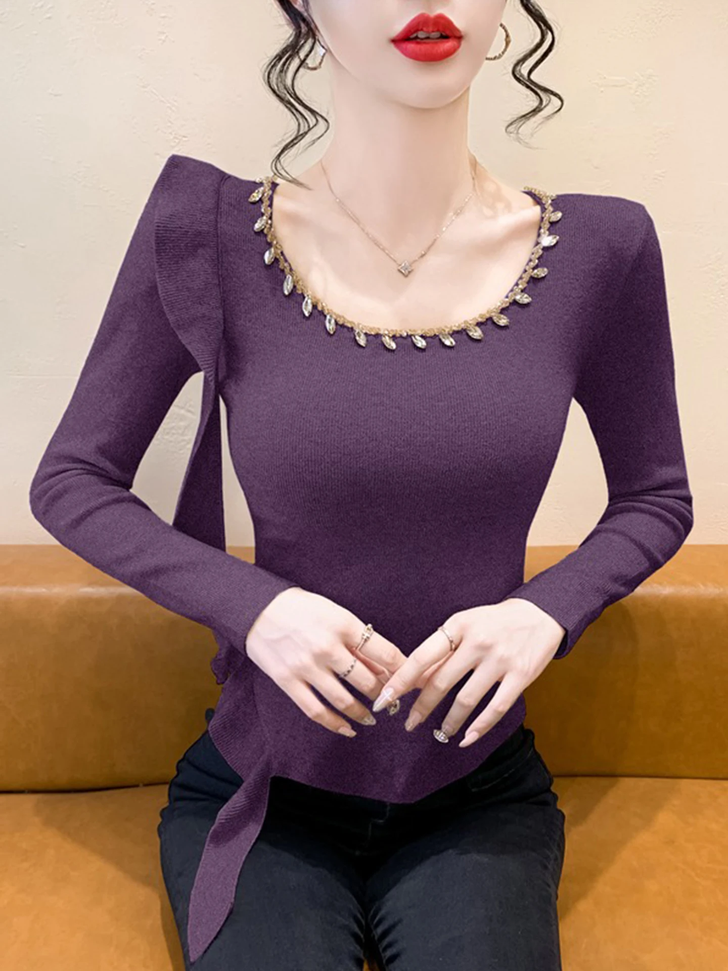 Mujer Slim Fit Long Sve Base de punto irt Asimétrico Empalme Cinturón Ropa interior Top principios de otoño Nuevo Sle Poliéster...