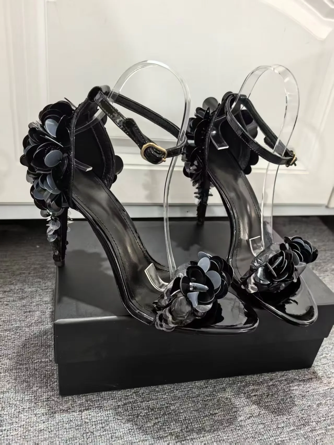 Bling Black Round Toe Summer Women Sandals Stiletto High Heels Genuine Leather Sole Buckle Strap Design Large Size Shoes